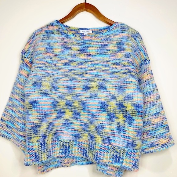 Baciano Wide Cropped Knit Sweater, Blue Pink Yellow Stripe, Large - Picture 1 of 4